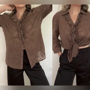 Vintage Cotton Burnout Blouse 3/4 Sleeve Button Down Front Ruffle Puff Sleeves